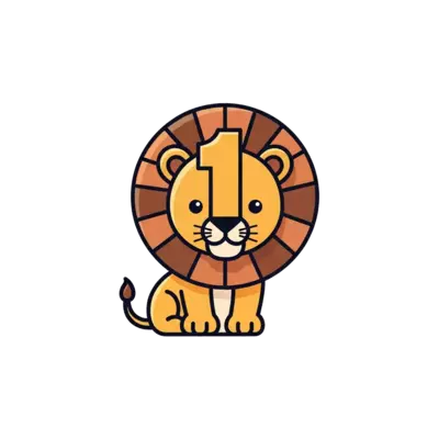 A minimalist illustration of a baby lion cub, stylized and modern, with a subtle '1' integrated into the design, perhaps as part of its mane or a simple geometric shape beside it, clean lines, muted earthy tones.
