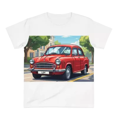 A highly detailed, realistic illustration of a vibrant red vintage car, like a classic Indian Ambassador, parked on a sunny street. The name "Loy" is subtly integrated onto the license plate. The background is a soft, slightly blurred street scene with trees and buildings, rendered in a bright, inviting palette.