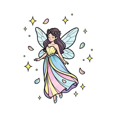 A whimsical illustration of a graceful fairy princess with delicate wings, surrounded by shimmering stars and floating petals, in a soft pastel watercolor style with a touch of magic.