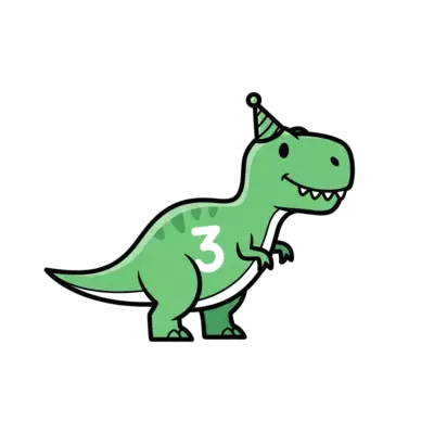 A sleek, minimalist illustration of a friendly T-Rex silhouette in a soft green, wearing a tiny, modern party hat. The number '3' is subtly integrated into its body or tail. Clean lines, simple shapes, pastel color palette, isolated graphic.