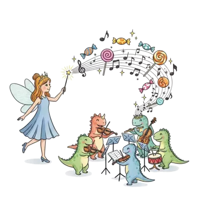 A whimsical illustration of a fairy princess conducting a symphony of tiny, friendly dinosaurs playing musical instruments, with musical notes transforming into sparkling candies and lollipops, in a soft watercolor and ink style.