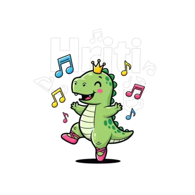 A cute cartoon baby dinosaur wearing a tiny crown and ballet shoes, dancing happily with musical notes floating around, vibrant and playful style, with the name 'Hriti' subtly integrated into the background elements.