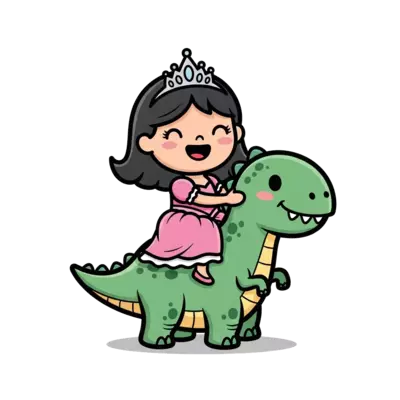 A little princess wearing a pink gown and a tiara and riding on a dinosaur. The image should be cute and cartoonish.