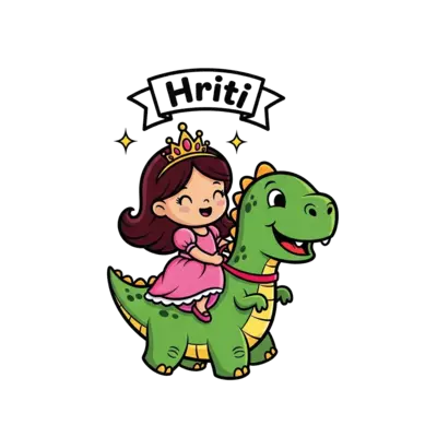 A cute cartoon little princess with dark brown hair and a pink gown, wearing a sparkling tiara, happily riding a friendly, green, cartoon dinosaur. The name 'Hriti' is playfully integrated into the design, perhaps on a small banner or a cloud above them, in a cheerful, child-friendly font. Vibrant colors, whimsical style.
