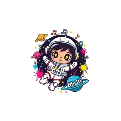 A cute cartoon astronaut girl with big, sparkling eyes (representing Dhriti) floating playfully in a starry space, surrounded by whimsical planets, musical notes, and colorful paint splatters, in a vibrant kawaii style. The name 'Dhriti' is integrated charmingly into the design.