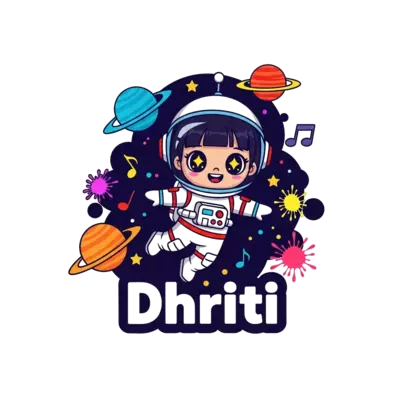 A cute cartoon astronaut girl with big, sparkling eyes floating playfully in a starry space, surrounded by whimsical planets, musical notes, and colorful paint splatters, in a vibrant kawaii style. The name 'Dhriti' is integrated charmingly and prominently in a large, bold font, making it a focal point.