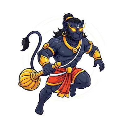 A majestic cartoon illustration of Lord Hanuman, depicted with sleek black fur and glowing golden eyes like a black panther, in a dynamic, leaping pose. He holds his golden mace, surrounded by a subtle aura, vibrant and heroic art style, perfect for a child.