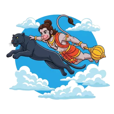 A dynamic cartoon illustration of Lord Hanuman flying gracefully through the sky, with a sleek, powerful Black Panther leaping alongside him, both with determined and friendly expressions. Vibrant blue sky and fluffy white clouds in the background, bold and colorful style.