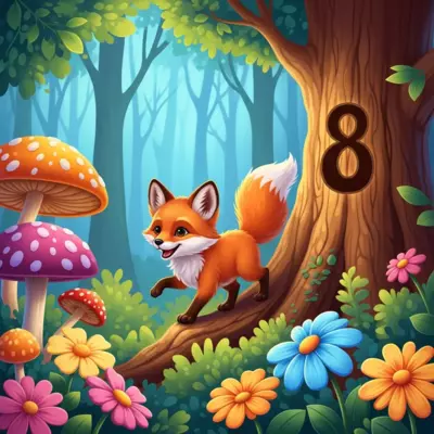 A vibrant and cheerful illustration of a playful fox cub exploring a lush, colorful forest, surrounded by oversized, brightly colored mushrooms and flowers, with the number '8' subtly integrated into a tree trunk. Cartoon style, highly detailed.