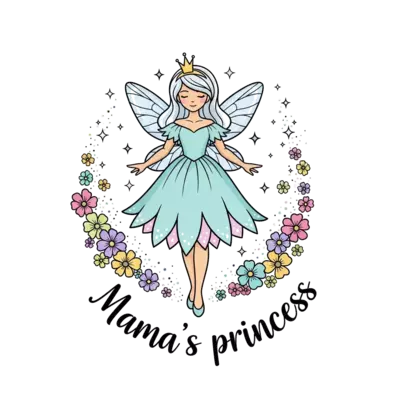 A whimsical watercolor illustration of a graceful fairy princess with soft, flowing hair and a delicate crown, surrounded by sparkling dust and pastel flowers, with the text 'Mama's princess' elegantly integrated into the design.