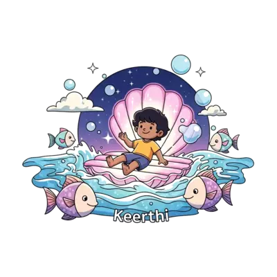 A whimsical and dreamy illustration of a child named Keerthi, gently floating on a magical, glowing seashell raft on calm, shimmering ocean waves, surrounded by friendly, pastel-colored fish and soft, ethereal bubbles. The scene is bathed in a soft, twilight glow with a touch of sparkle.
