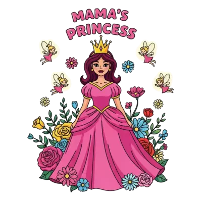 A whimsical illustration of a cheerful, diverse cartoon princess with a sparkling crown and a flowing gown, surrounded by tiny, glowing fairies and vibrant flowers, all in a bright and lively color palette. Text reads 'Mama's princess'.