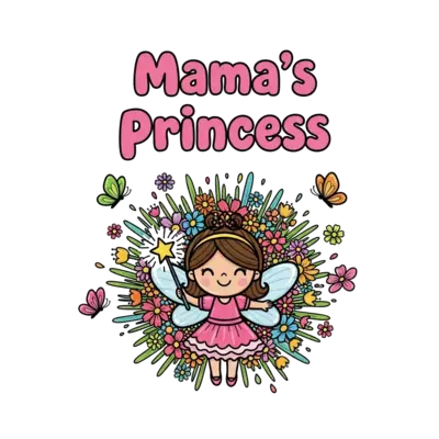 A joyful, cartoon-style fairy princess with a sparkling wand, surrounded by a burst of colorful flowers and butterflies, with the text 'Mama's princess' in a playful font.