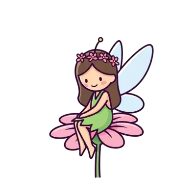 A sweet, minimalist cartoon fairy with delicate, translucent wings, gently sitting on a soft pink flower, rendered in a simple, pastel color palette with clean lines and a friendly expression.