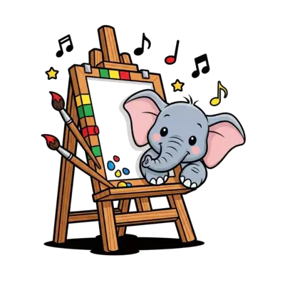 A whimsical baby elephant peeking out from behind a giant, colorful art easel. Musical notes and paintbrushes are scattered around, creating a lively and artistic birthday theme.