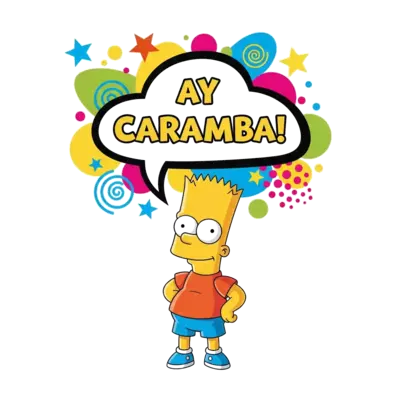 A vibrant cartoon illustration of Bart Simpson in a classic mischievous pose, with a colorful speech bubble above his head saying 'Ay Caramba!', set against a bright, playful background with abstract shapes and stars.