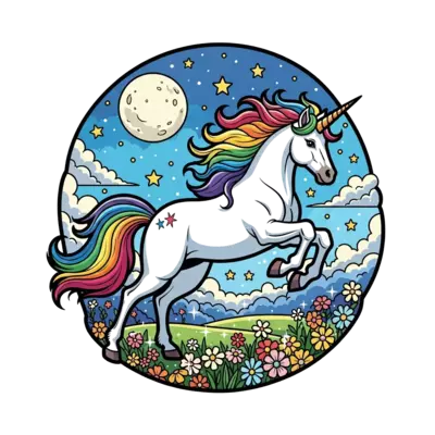 A majestic, rainbow-maned unicorn leaping over a field of sparkling flowers, with a vibrant, dreamy background of stars and a full moon, in a cheerful and magical cartoon style.