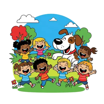 A group of diverse, happy cartoon kids in a vibrant, colorful park playing with a friendly, oversized cartoon dog, in a cheerful, expressive animation style with bright primary colors.