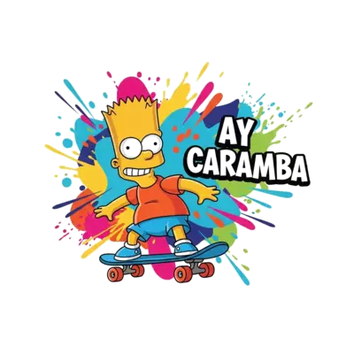A vibrant and playful illustration of Bart Simpson skateboarding with a mischievous grin, surrounded by colorful abstract shapes and splatters, with 'Ay Caramba' incorporated dynamically into the background in a bold, cartoon font. Full of energy and bright colors.