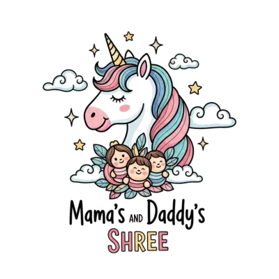 A whimsical and dreamy unicorn illustration, with soft pastel colors, surrounded by sparkling stars and delicate clouds. The unicorn has a gentle smile, with the text 'Mama's and Daddy's Shree' incorporated subtly below it, in a magical storybook style.