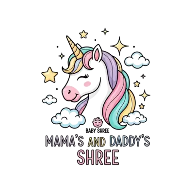 A whimsical and dreamy unicorn illustration, with soft pastel colors, surrounded by sparkling stars and delicate clouds. The unicorn has a gentle smile, with the text 'Mama's and Daddy's Shree' incorporated subtly below it, in a magical storybook style. Put baby shree between Mama and Daddy just above the text.