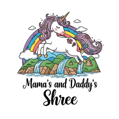 A beautiful unicorn with a flowing mane and tail, adorned with tiny flowers and glitter, floating gracefully in a dreamy landscape with a rainbow and gentle waterfalls. The text 'Mama's and Daddy's Shree' is written in a elegant, whimsical font.
