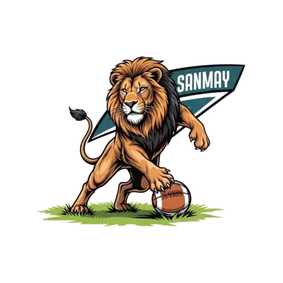 A majestic, realistic illustration of a lion dribbling a football with its paw, in a dynamic and energetic pose on a grassy field. The name 'Sanmay' is subtly integrated into a sports banner in the background. Natural, vibrant colors.