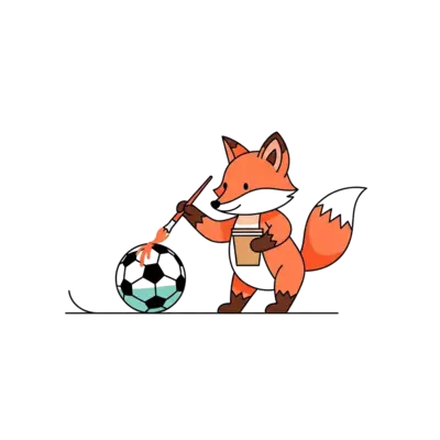 A minimalist illustration of a playful fox cub painting a soccer ball with a single brushstroke, clean lines, modern geometric shapes, in a pastel and earthy color palette.