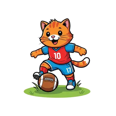 A friendly, cute cartoon ginger cat joyfully dribbling a football on a grassy field, with a big smile, in a vibrant, playful kawaii style.