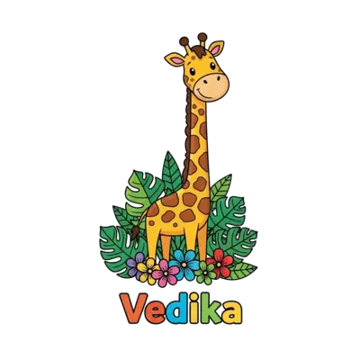 A cheerful, tall cartoon giraffe with a long neck, surrounded by vibrant jungle leaves and colorful flowers, with 'Vedika' written playfully below, in a bright and playful illustration style.