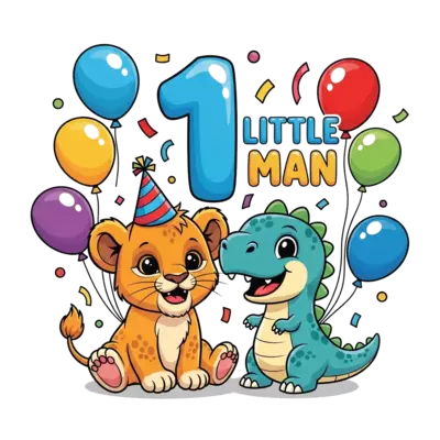 A super cute baby lion cub wearing a tiny party hat, playfully sitting next to a friendly, cartoon baby dinosaur. They are surrounded by colorful balloons and confetti, with a prominent, bubbly number '1' and the text 'Little Man' integrated charmingly into the scene. Vibrant, cheerful, and playful cartoon style, isolated graphic.