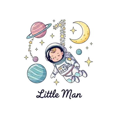 A soft and whimsical illustration of a baby astronaut floating gently in space, surrounded by pastel planets, twinkling stars, and a crescent moon. The number '1' is subtly incorporated into the scene, with the text 'Little Man' in a dreamy script.