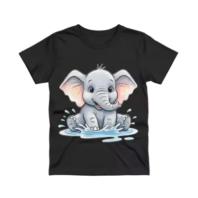 A whimsical baby elephant splashing in a puddle, painted in soft watercolor strokes, with pastel colors and a playful, cheerful expression.