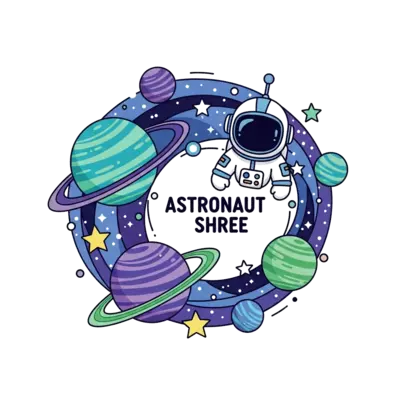 An abstract and colorful illustration of planets and stars in various shades of blue, purple, and green, with subtle geometric patterns. A stylized, friendly astronaut helmet floats amidst the cosmic scene, with the text 'Astronaut Shree' subtly integrated into the cosmic flow.