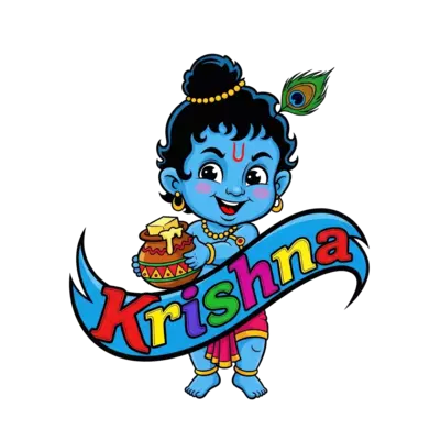 A joyful, cute cartoon Baby Krishna, with a mischievous smile, holding a small pot of butter. The name 'Krishna' is playfully integrated into the design, perhaps as a flowing banner or a part of the butter pot's decoration, in vibrant, child-friendly colors.