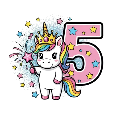 A cute cartoon baby unicorn with a sparkling princess crown and a magic wand, surrounded by glitter and a big number 5, whimsical and colorful art style, pastel background