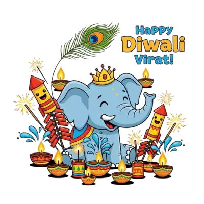 A vibrant cartoon illustration for Diwali, featuring a cute, smiling elephant wearing a small crown, surrounded by playful, safe firecrackers and glowing diyas. A stylized peacock feather subtly integrated into the background, with 'Happy Diwali Virat!' in a fun, child-friendly font. Colorful and festive.
