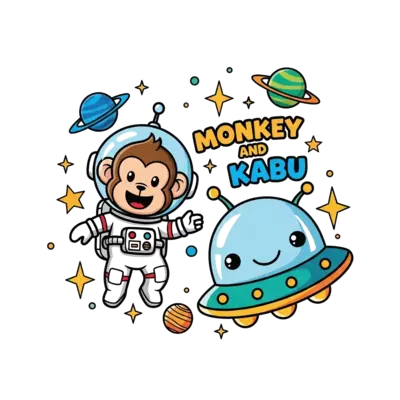 A cute cartoon monkey astronaut floating happily in a vibrant outer space scene, surrounded by twinkling stars, colorful planets, and a friendly alien spaceship. The text 'Monkey and Kabu' is playfully incorporated into the design. Illustrated in a cheerful, whimsical style.