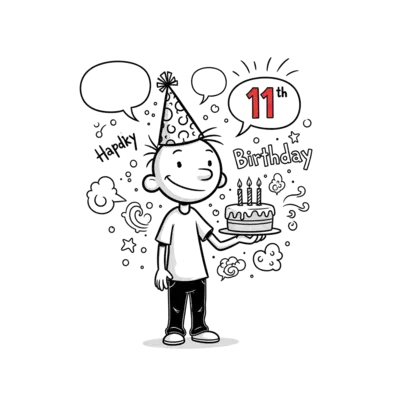 A playful, black and white sketch-style illustration of a cartoon boy (resembling Hardik) in the style of 'Diary of a Wimpy Kid,' holding a birthday cake with 11 candles, wearing a party hat, with speech bubbles and doodle elements around him, celebrating his 11th birthday, clean background.