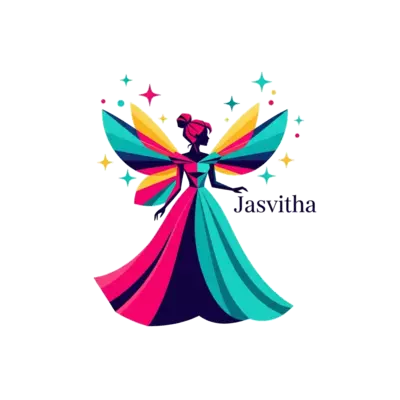A stylized, geometric princess silhouette with a flowing gown, surrounded by abstract fairy wings and stars, in a bold, modern art style with vibrant colors like fuchsia, teal, and gold. The name 'Jasvitha' integrated elegantly below.