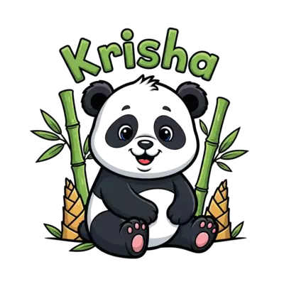 A super cute cartoon baby panda sitting happily, surrounded by bamboo shoots and leaves, with the name 'Krisha' playfully integrated above it, in a vibrant, child-friendly illustration style.