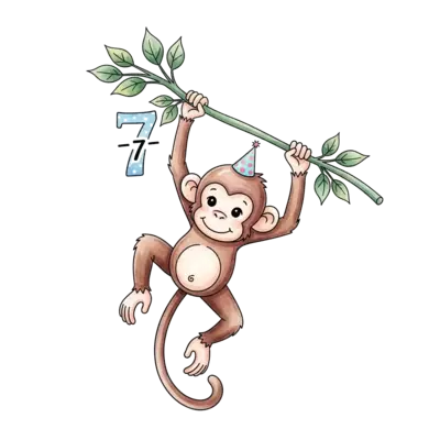 A charming watercolor illustration of a playful monkey wearing a tiny birthday hat, with the number 7 subtly integrated into a leafy branch it's swinging from. Soft pastel colors, gentle brushstrokes, and a whimsical feel for Shatrughna.