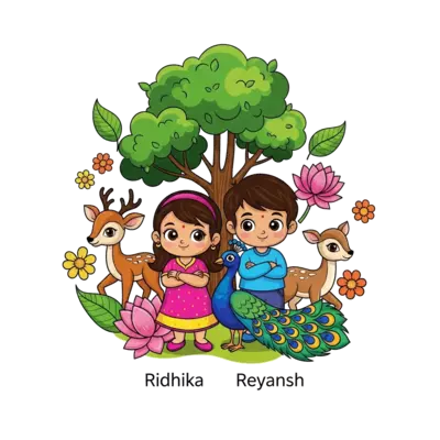 A whimsical illustration featuring two adorable cartoon kids, one girl (Ridhika) and one boy (Reyansh), surrounded by playful baby animals like a deer and a peacock, with traditional Indian floral motifs (like lotus or mango leaves) subtly blended with modern, vibrant flowers and lush green trees in a cheerful, fusion style.