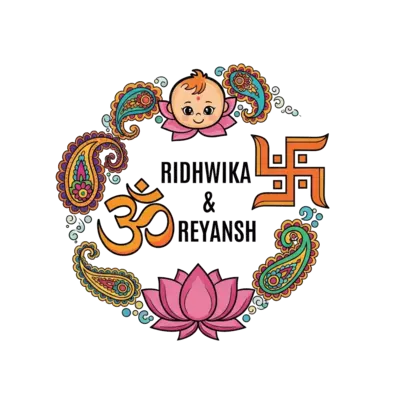 A beautiful illustration of a baby Om symbol and a child-friendly Swastik, surrounded by intricate paisley and lotus motifs in a traditional Indian art style, with the names 'RIDHWIKA & REYANSH' elegantly integrated, vibrant and colorful.