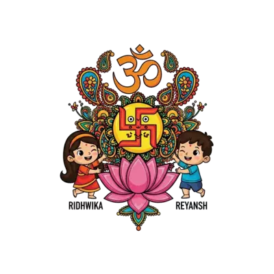 A beautiful illustration in a traditional Indian art style, featuring a baby Om symbol and a child-friendly Swastik, surrounded by intricate paisley and lotus motifs. Two cute cartoon children, a girl named 'RIDHWIKA' and a boy named 'REYANSH', are playfully interacting with the motifs, all in vibrant and colorful hues.