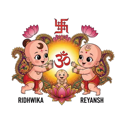 A beautiful, vibrant illustration in a traditional Indian art style, featuring a cute, bald cartoon baby girl named 'RIDHWIKA' and a cute, bald cartoon baby boy named 'REYANSH' playfully interacting with a glowing baby Om symbol and a cheerful child-friendly Swastik. They are surrounded by intricate paisley and lotus motifs, all rendered in rich, colorful hues.