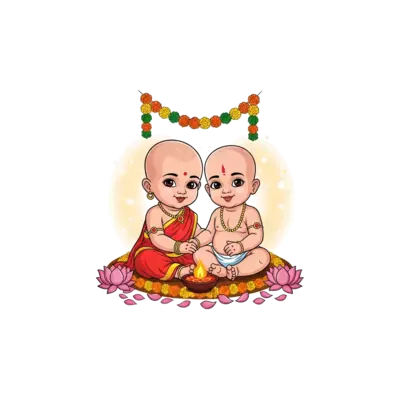A charming illustration of a bald Indian baby girl (Ridhwika) and a bald Indian baby boy (Reyansh) sitting together, surrounded by a garland of marigold flowers and lotus petals, with a soft, celebratory glow. Traditional Indian art style, warm and inviting colors.