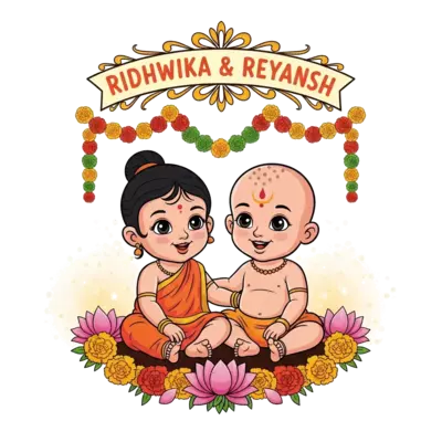 A charming illustration in traditional Indian art style, featuring a bald Indian baby girl (Ridhwika) and a bald Indian baby boy (Reyansh) sitting happily together. They are surrounded by a vibrant garland of marigold flowers and lotus petals, with a soft, celebratory glow. Above them, a decorative banner elegantly displays the text 'RIDHWIKA & REYANSH' in a child-friendly, warm font. The overall color palette is warm and inviting.