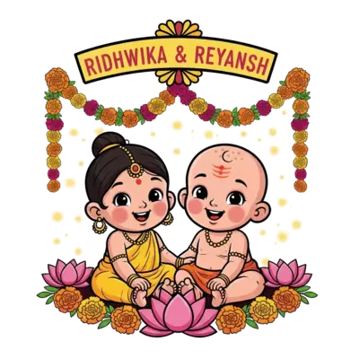 A charming illustration in traditional Indian art style, featuring a bald Indian baby girl (Ridhwika) and a bald Indian baby boy (Reyansh) sitting happily together, both with rosy cheeks and big smiles. They are surrounded by a vibrant garland of marigold flowers and lotus petals, with a soft, celebratory glow. Above them, a decorative banner elegantly displays the text 'RIDHWIKA & REYANSH' in a child-friendly, warm font. The overall color palette is warm and inviting, with rich yellows, oranges, and pinks.