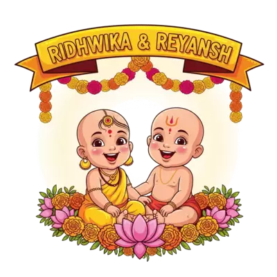 A vibrant illustration in a traditional Indian folk art style, showcasing a joyful bald Indian baby girl (Ridhwika) and a bald Indian baby boy (Reyansh) sitting side-by-side, both with rosy cheeks and wide, happy smiles. They are surrounded by a lush, intricate garland of bright marigold flowers and delicate lotus petals. Above them, a festive, flowing banner in warm tones displays 'RIDHWIKA & REYANSH' in a playful, golden script. The overall palette is rich with celebratory yellows, oranges, and fuchsia pinks, set against a soft, glowing background.